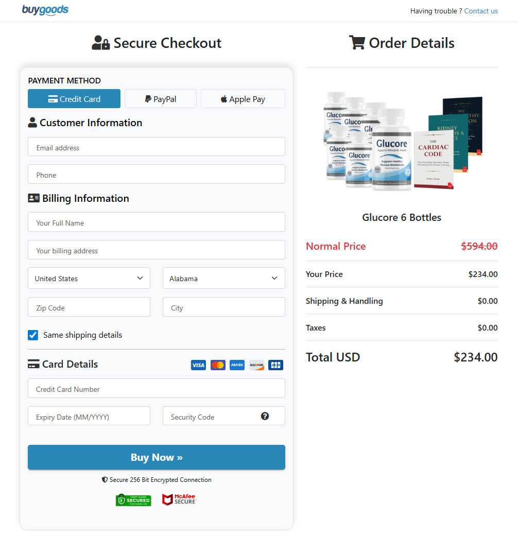 Glucore order page
